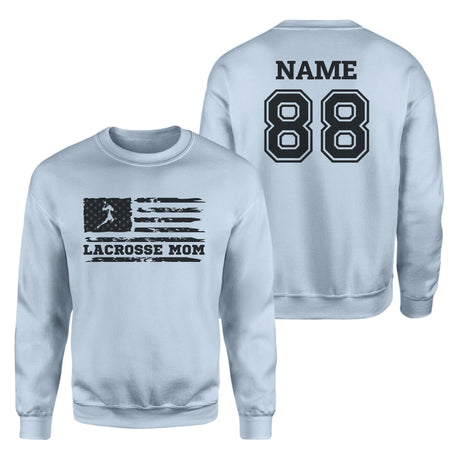 Lacrosse Mom Horizontal Flag With Lacrosse Player Name on a Sweatshirt with a Black Graphic