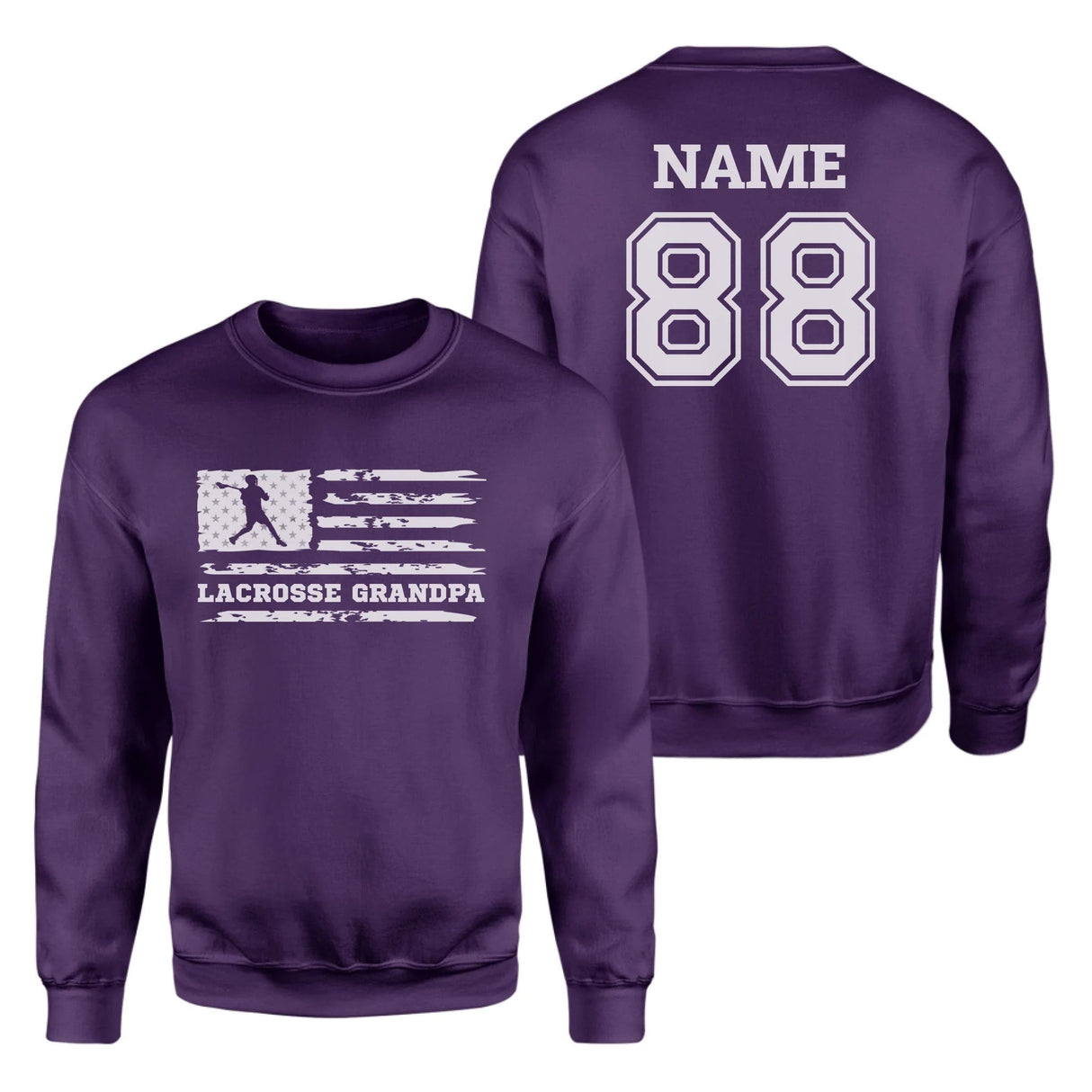 Lacrosse Grandpa Horizontal Flag With Lacrosse Player Name on a Sweatshirt with a White Graphic