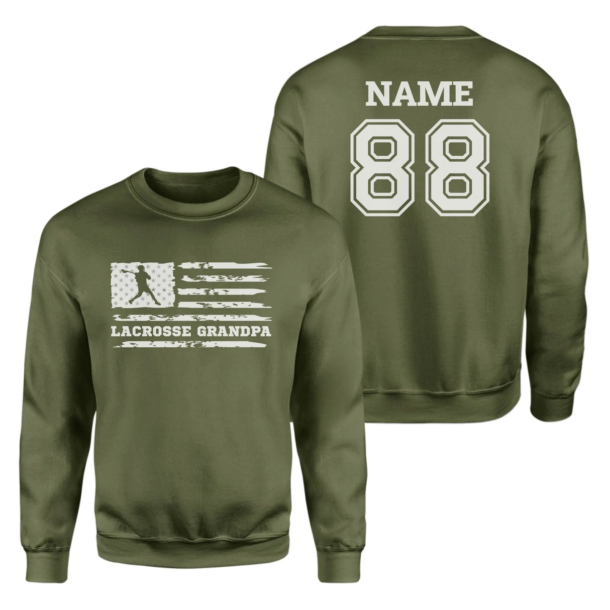 Lacrosse Grandpa Horizontal Flag With Lacrosse Player Name on a Sweatshirt with a White Graphic