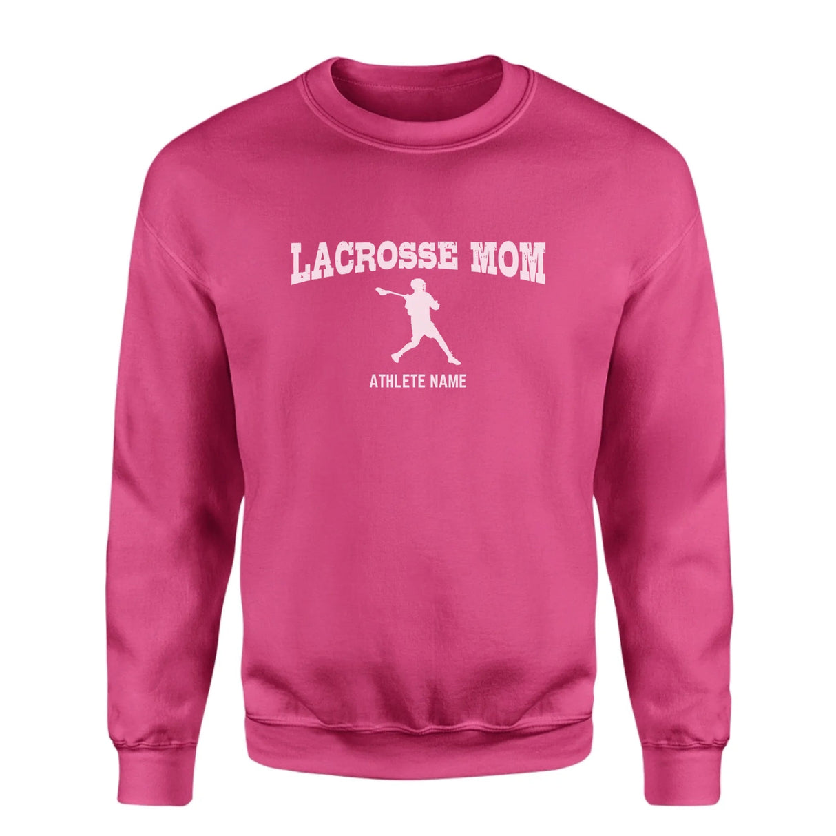 Lacrosse Mom with Lacrosse Player Icon and Lacrosse Player Name on a Sweatshirt with a White Graphic