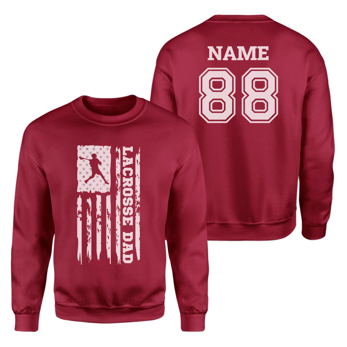 Lacrosse Dad Vertical Flag With Lacrosse Player Name on a Sweatshirt with a White Graphic