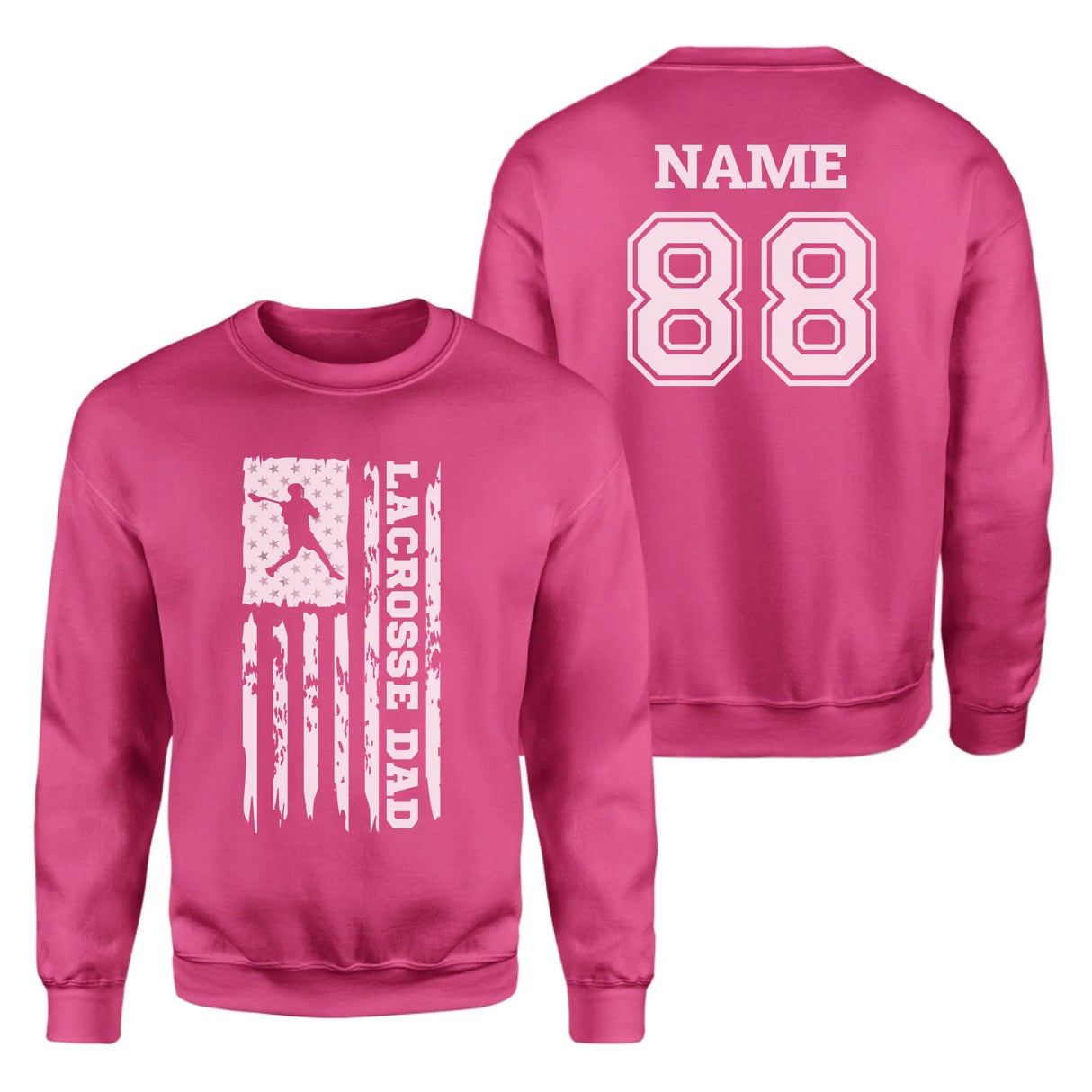 Lacrosse Dad Vertical Flag With Lacrosse Player Name on a Sweatshirt with a White Graphic
