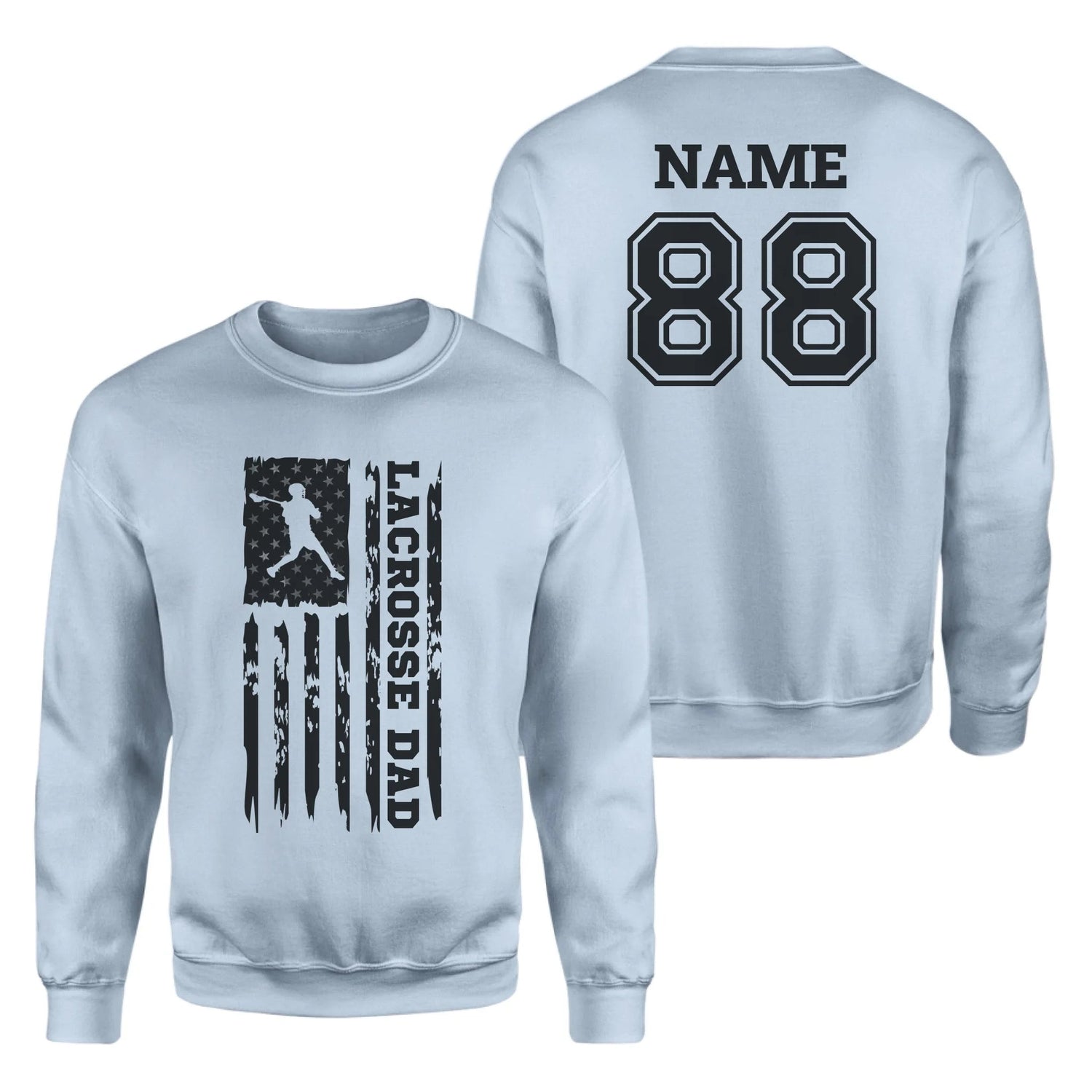 Lacrosse Dad Vertical Flag With Lacrosse Player Name on a Sweatshirt with a Black Graphic