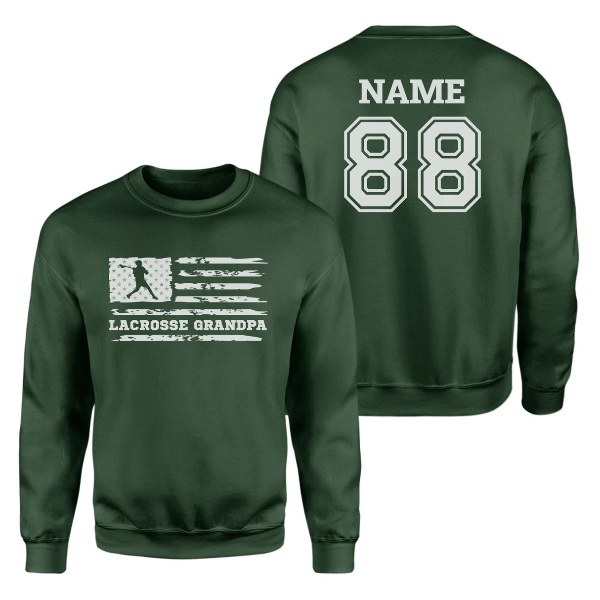 Lacrosse Grandpa Horizontal Flag With Lacrosse Player Name on a Sweatshirt with a White Graphic