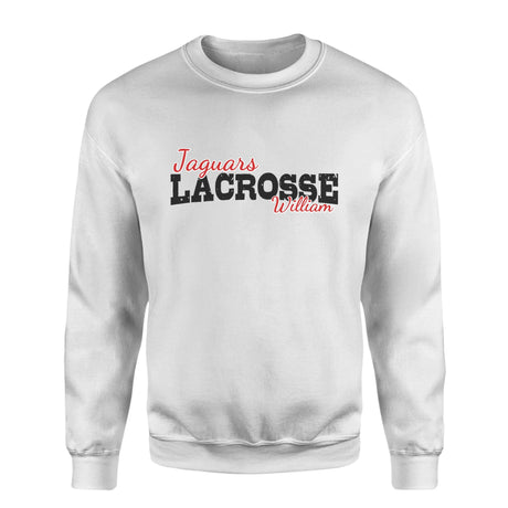 Custom Lacrosse Mascot and Lacrosse Player Name on a Sweatshirt with a Black Graphic