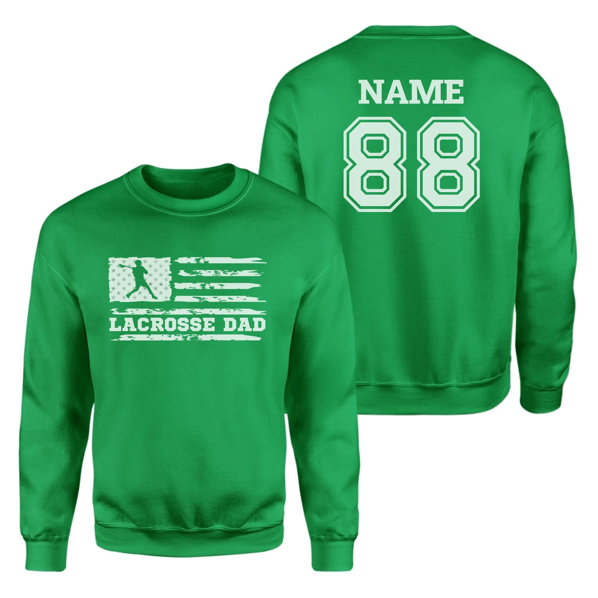 Lacrosse Dad Horizontal Flag With Lacrosse Player Name on a Sweatshirt with a White Graphic