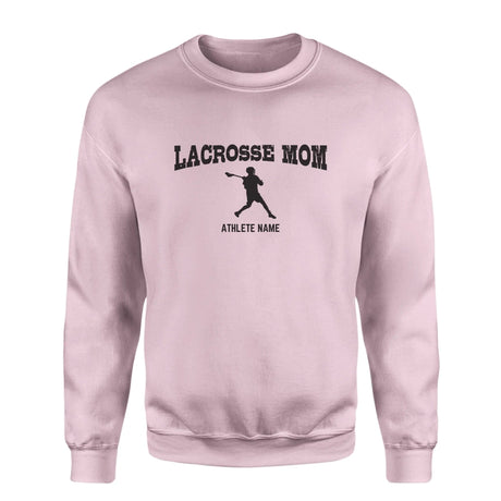 Lacrosse Mom with Lacrosse Player Icon and Lacrosse Player Name on a Sweatshirt with a Black Graphic
