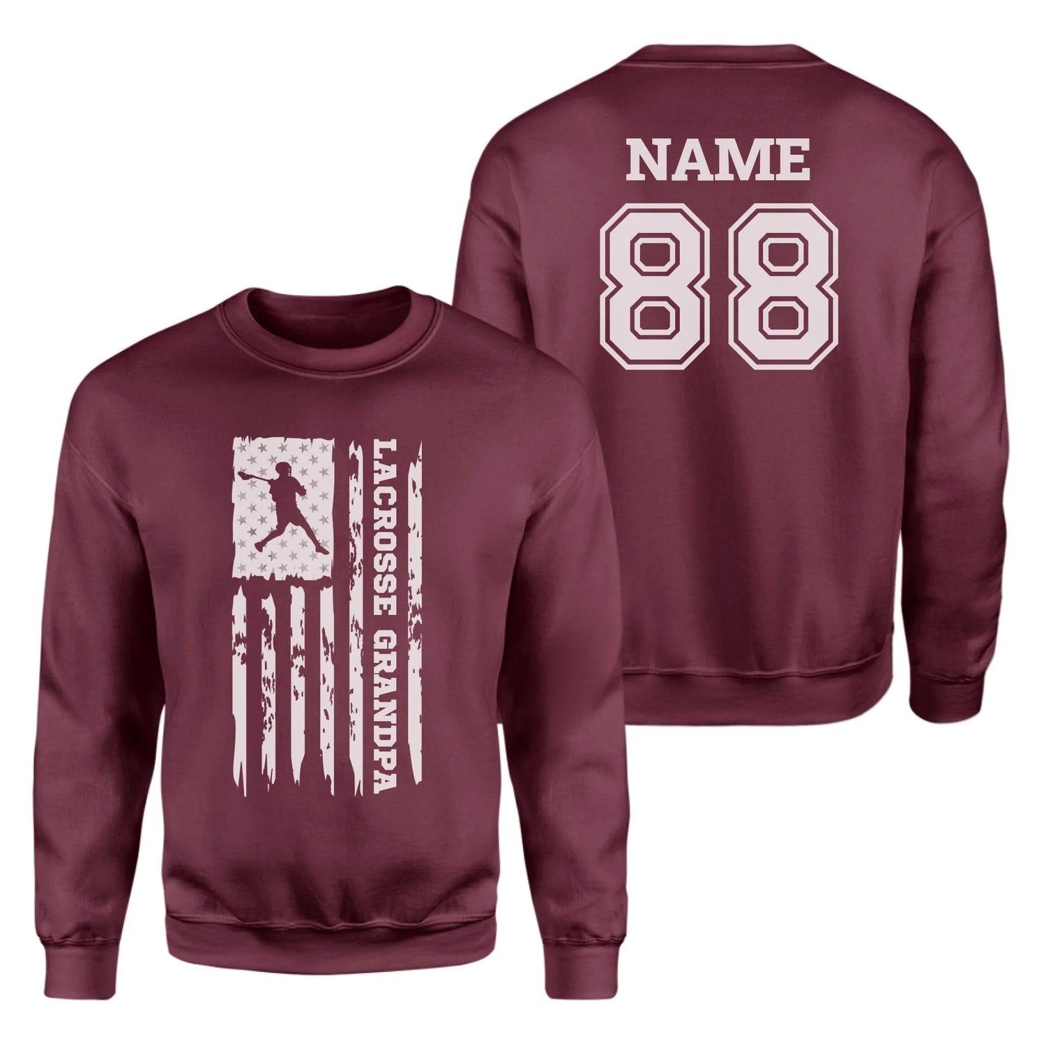 Lacrosse Grandpa Vertical Flag With Lacrosse Player Name on a Sweatshirt with a White Graphic