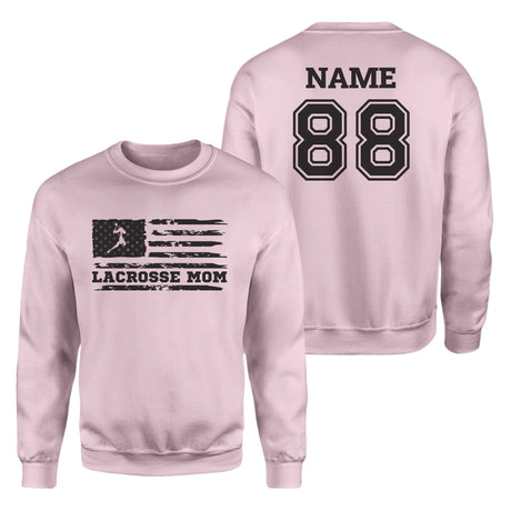 Lacrosse Mom Horizontal Flag With Lacrosse Player Name on a Sweatshirt with a Black Graphic