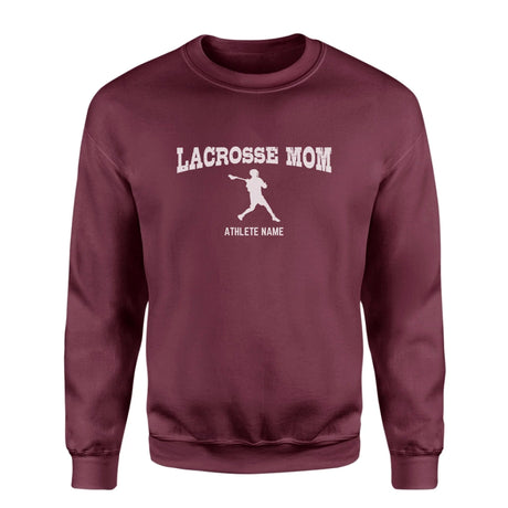 Lacrosse Mom with Lacrosse Player Icon and Lacrosse Player Name on a Sweatshirt with a White Graphic