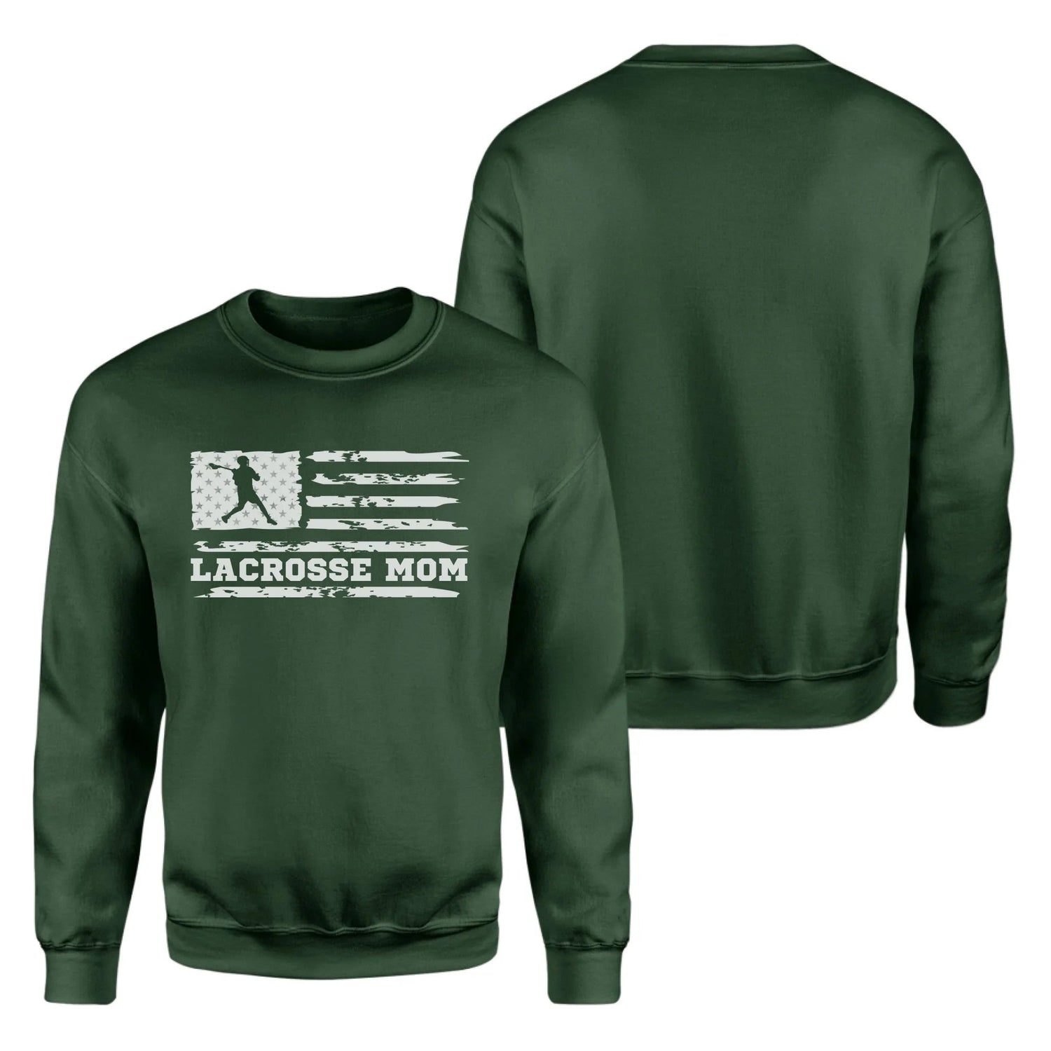 Lacrosse Mom Horizontal Flag With Lacrosse Player Name on a Sweatshirt with a White Graphic