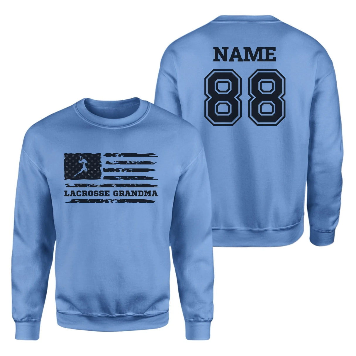 Lacrosse Grandma Horizontal Flag With Lacrosse Player Name on a Sweatshirt with a Black Graphic