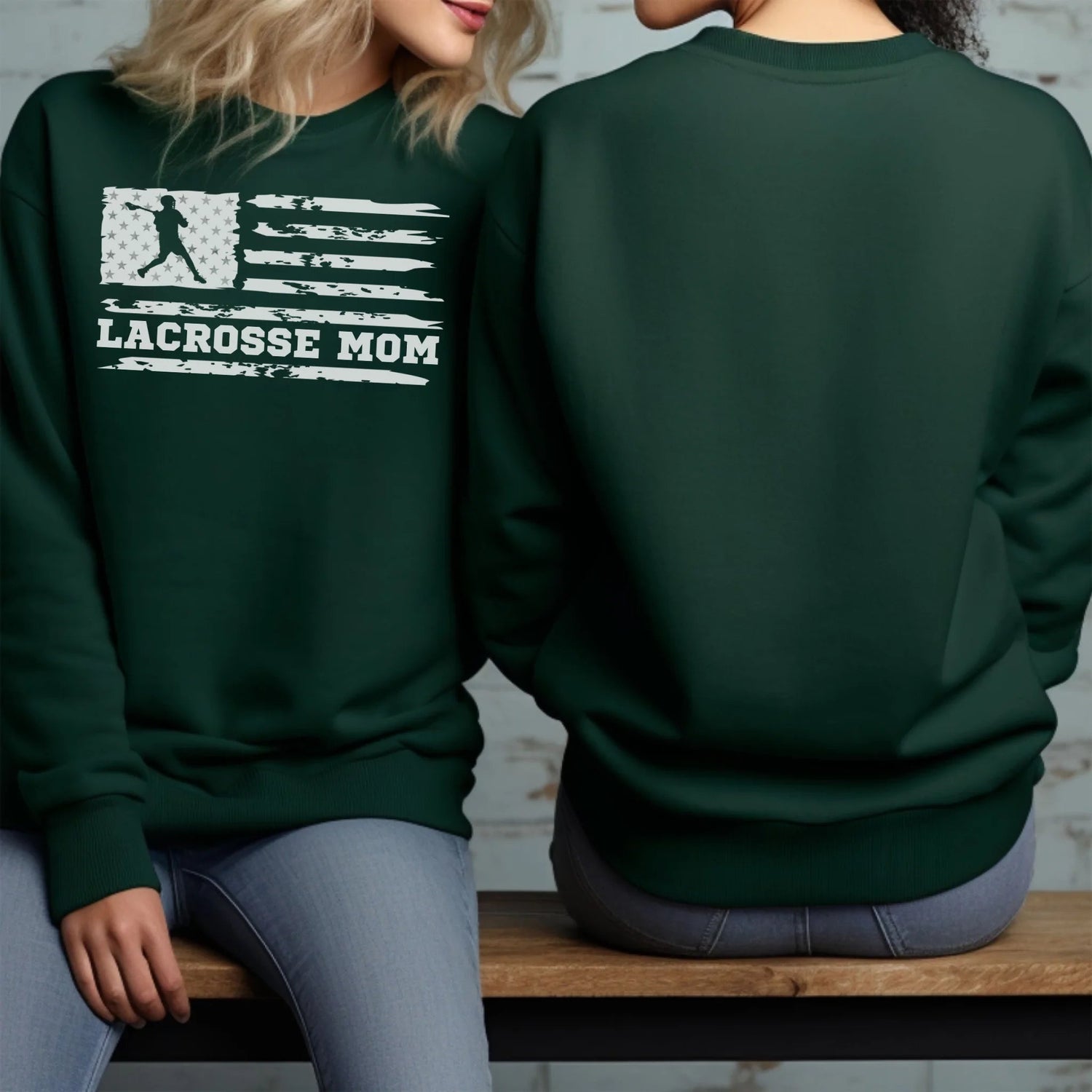 Lacrosse Mom Horizontal Flag With Lacrosse Player Name on a Sweatshirt with a White Graphic