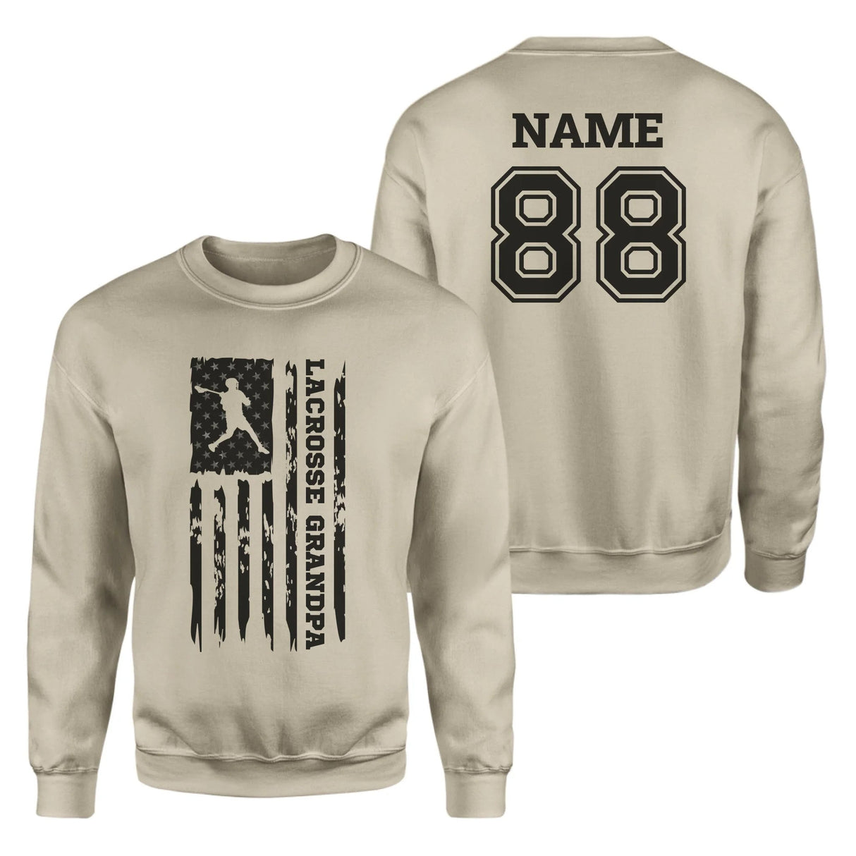 Lacrosse Grandpa Vertical Flag With Lacrosse Player Name on a Sweatshirt with a Black Graphic