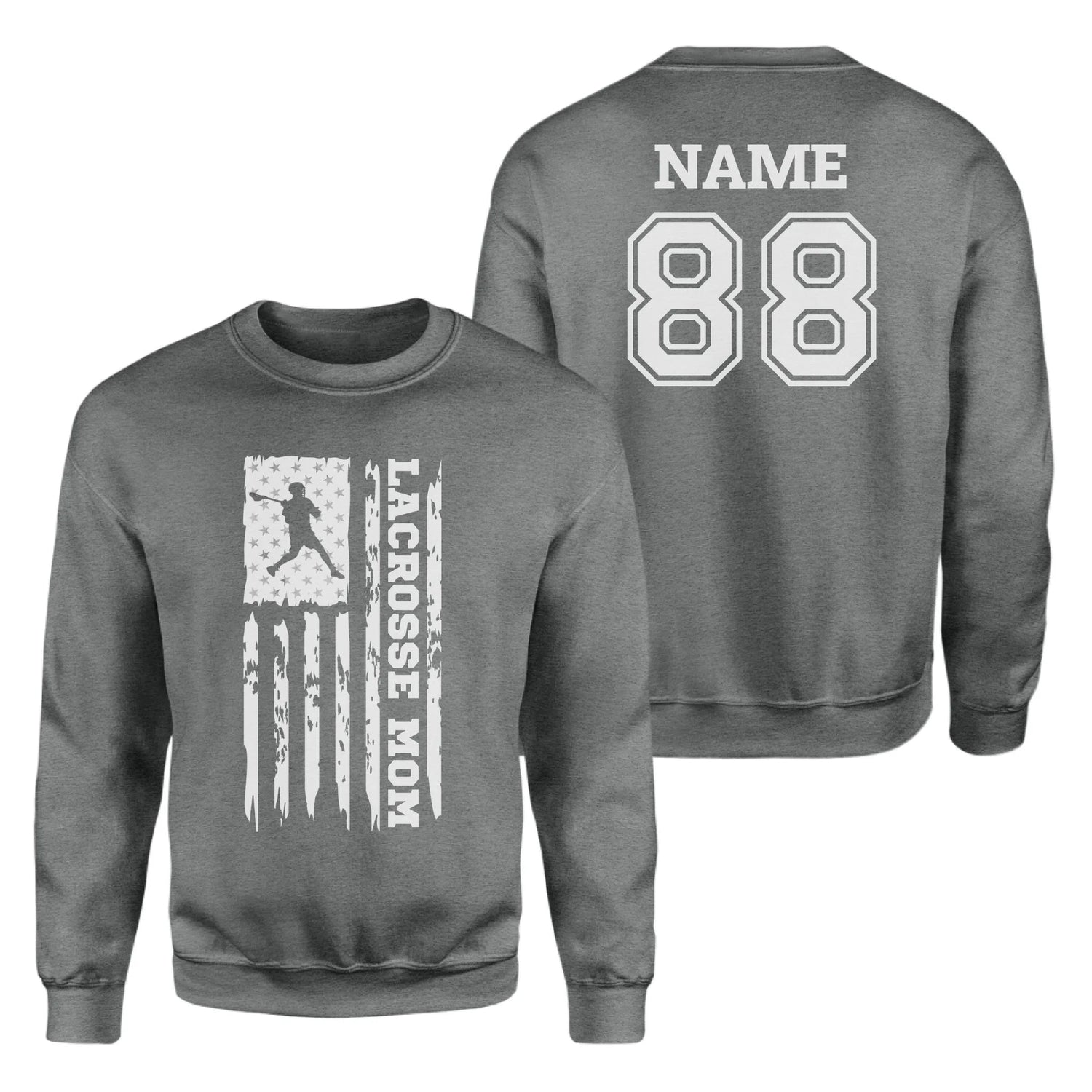 Lacrosse Mom Vertical Flag With Lacrosse Player Name on a Sweatshirt with a White Graphic