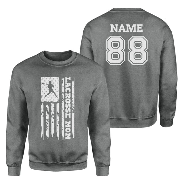 Lacrosse Mom Vertical Flag With Lacrosse Player Name on a Sweatshirt with a White Graphic