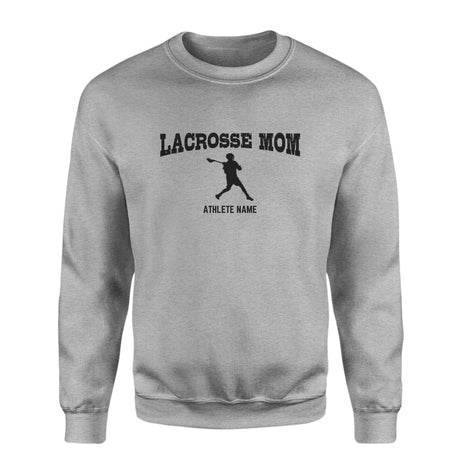 Lacrosse Mom with Lacrosse Player Icon and Lacrosse Player Name on a Sweatshirt with a Black Graphic