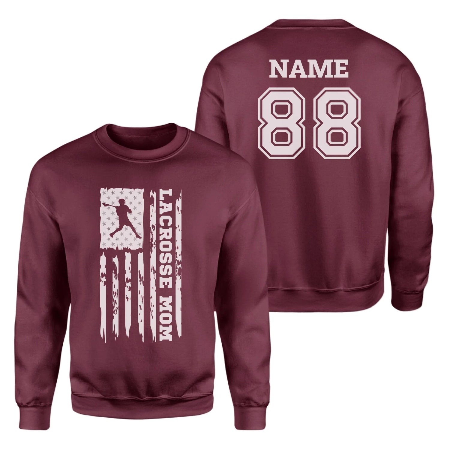 Lacrosse Mom Vertical Flag With Lacrosse Player Name on a Sweatshirt with a White Graphic