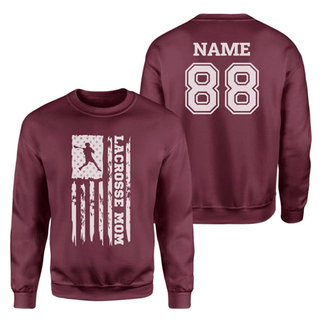 Lacrosse Mom Vertical Flag With Lacrosse Player Name on a Sweatshirt with a White Graphic