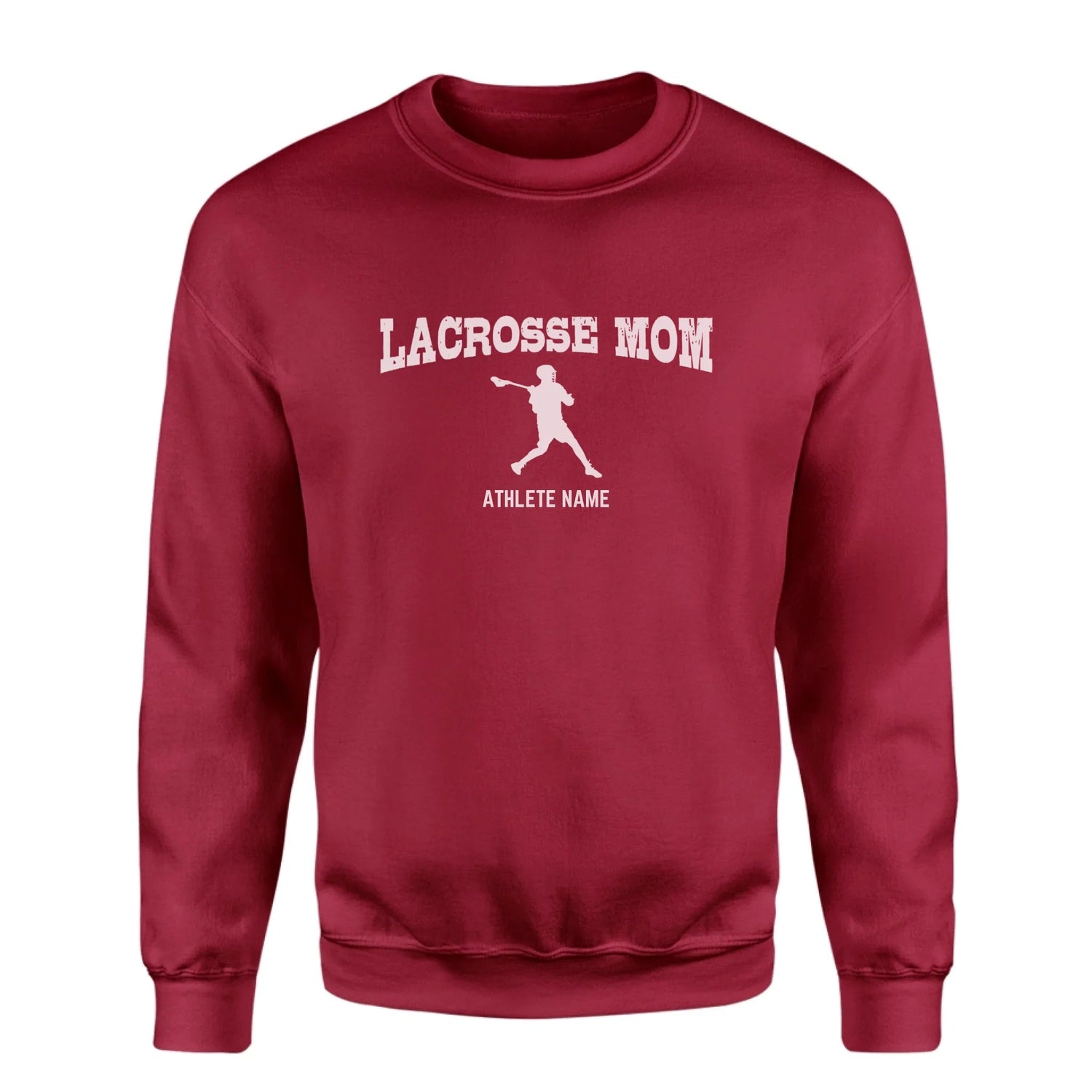 Lacrosse Mom with Lacrosse Player Icon and Lacrosse Player Name on a Sweatshirt with a White Graphic