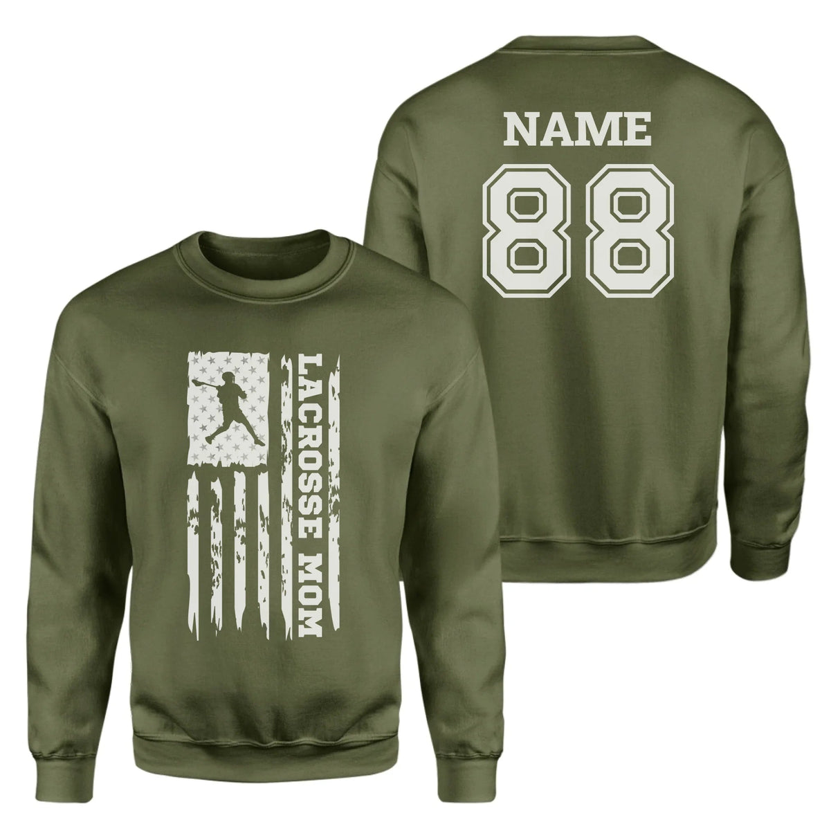 Lacrosse Mom Vertical Flag With Lacrosse Player Name on a Sweatshirt with a White Graphic