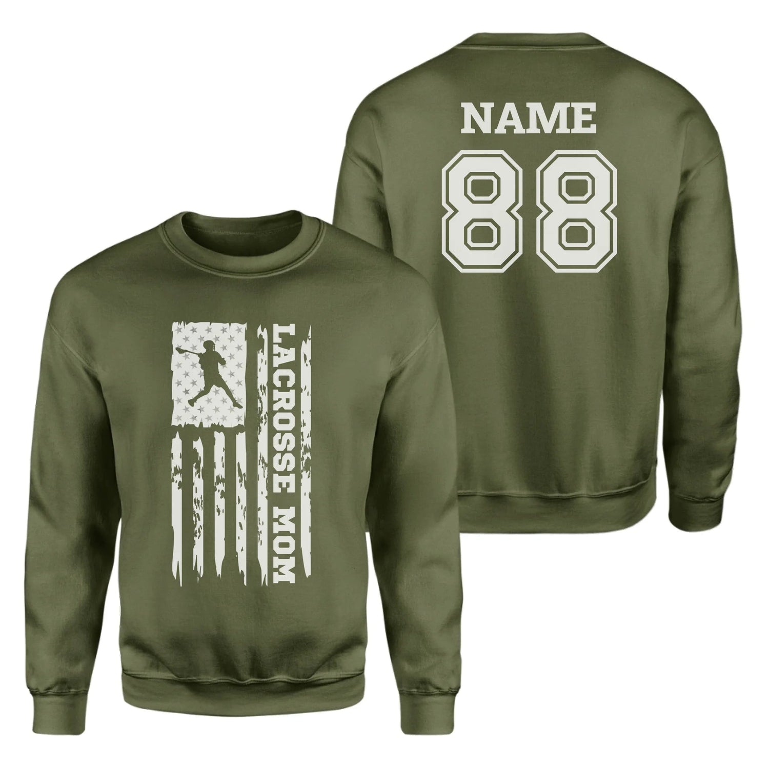 Lacrosse Mom Vertical Flag With Lacrosse Player Name on a Sweatshirt with a White Graphic
