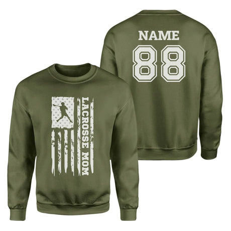 Lacrosse Mom Vertical Flag With Lacrosse Player Name on a Sweatshirt with a White Graphic