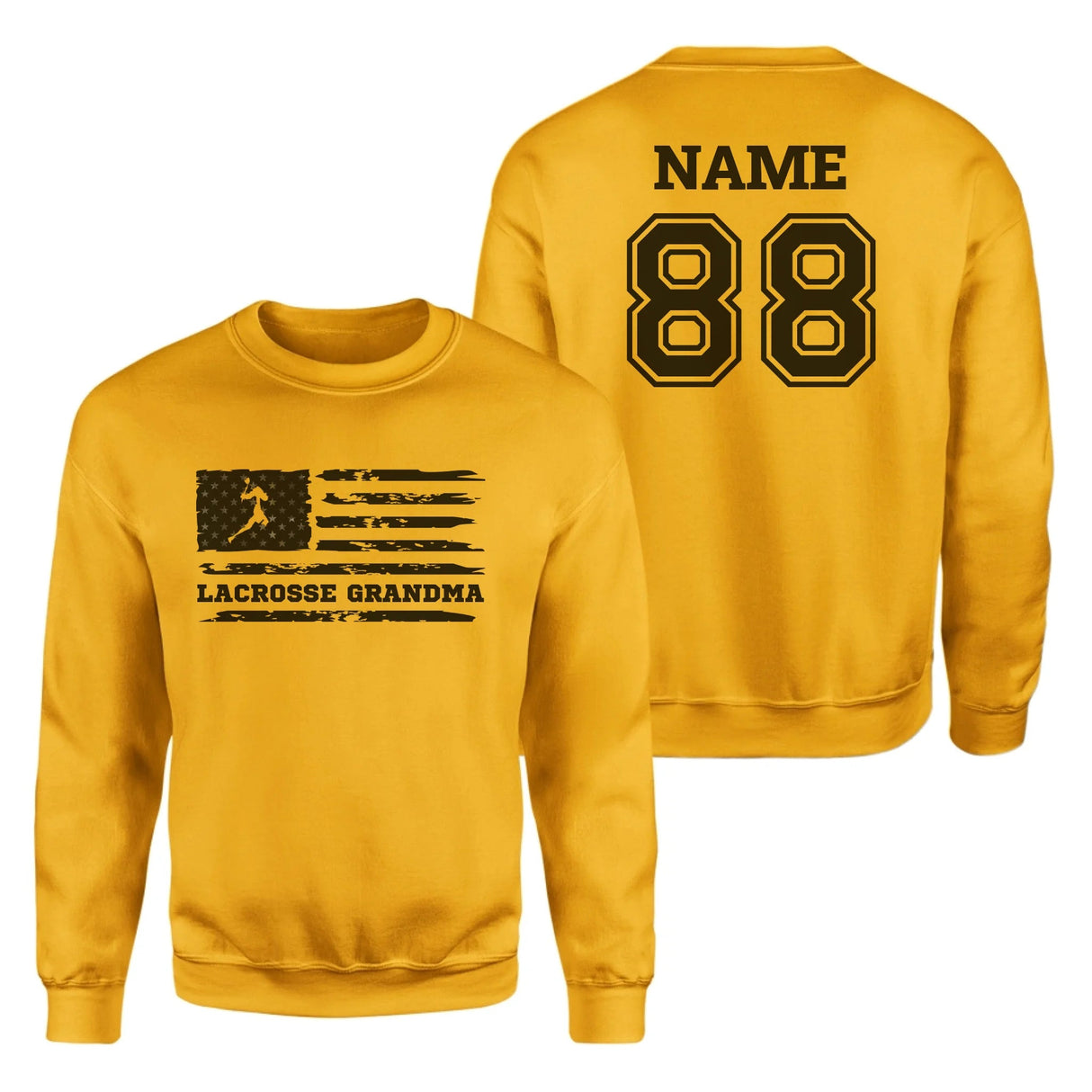 Lacrosse Grandma Horizontal Flag With Lacrosse Player Name on a Sweatshirt with a Black Graphic