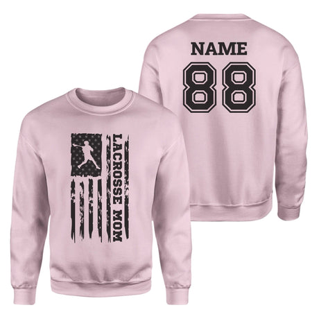 Lacrosse Mom Vertical Flag With Lacrosse Player Name on a Sweatshirt with a Black Graphic