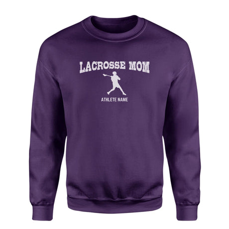 Lacrosse Mom with Lacrosse Player Icon and Lacrosse Player Name on a Sweatshirt with a White Graphic