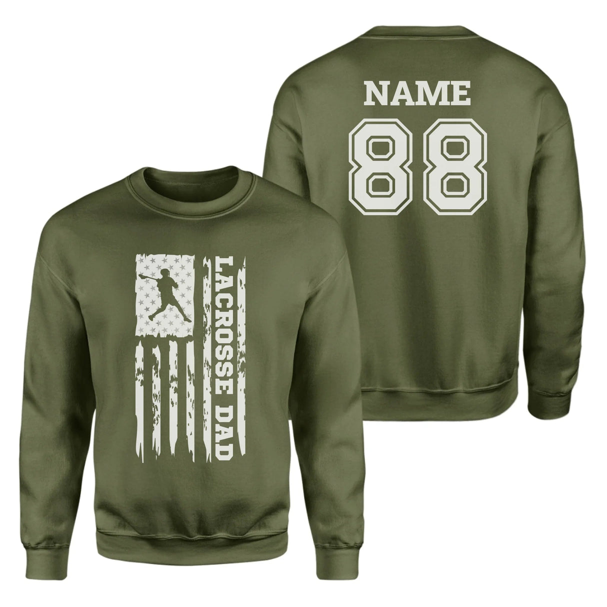 Lacrosse Dad Vertical Flag With Lacrosse Player Name on a Sweatshirt with a White Graphic