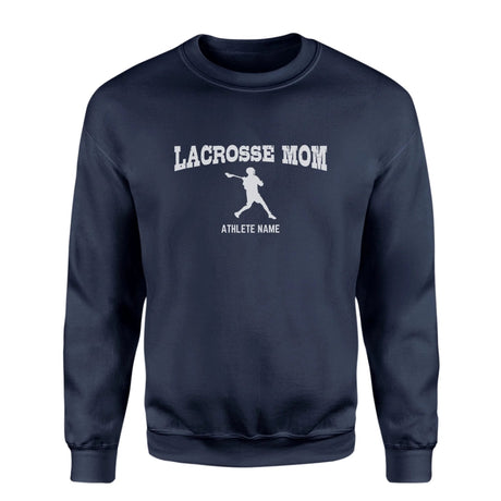 Lacrosse Mom with Lacrosse Player Icon and Lacrosse Player Name on a Sweatshirt with a White Graphic