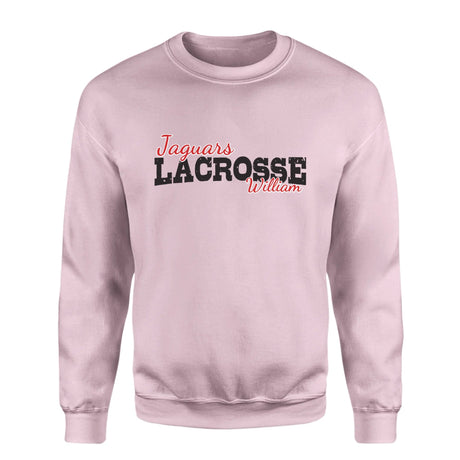 Custom Lacrosse Mascot and Lacrosse Player Name on a Sweatshirt with a Black Graphic