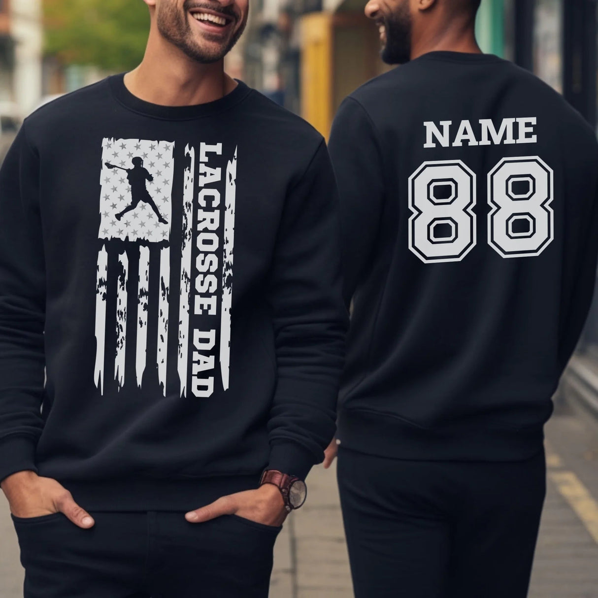 Lacrosse Dad Vertical Flag With Lacrosse Player Name on a Sweatshirt with a White Graphic