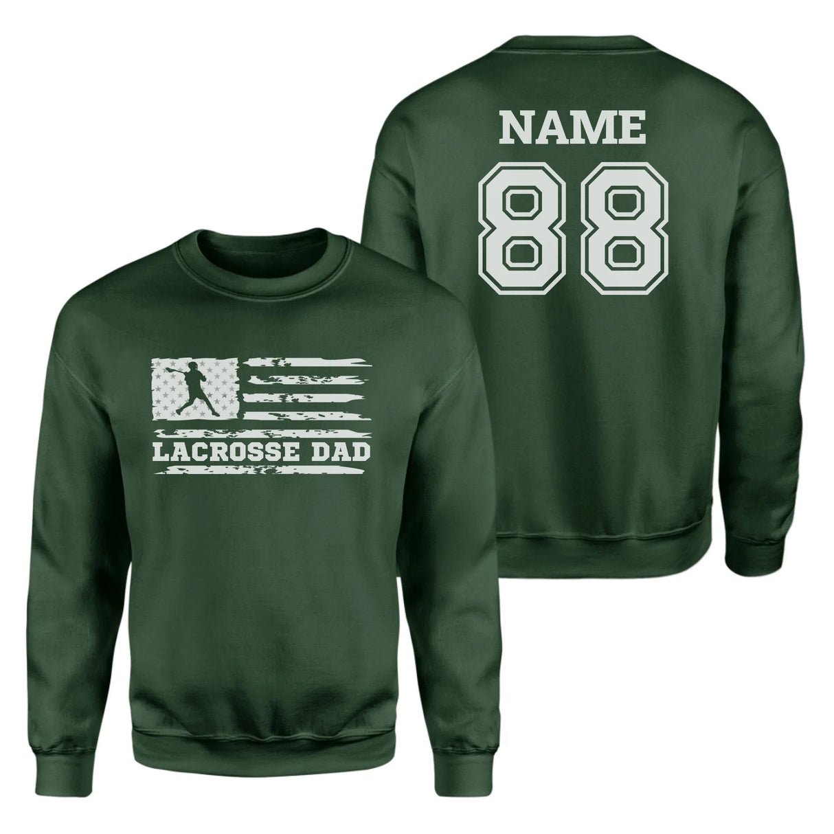 Lacrosse Dad Horizontal Flag With Lacrosse Player Name on a Sweatshirt with a White Graphic