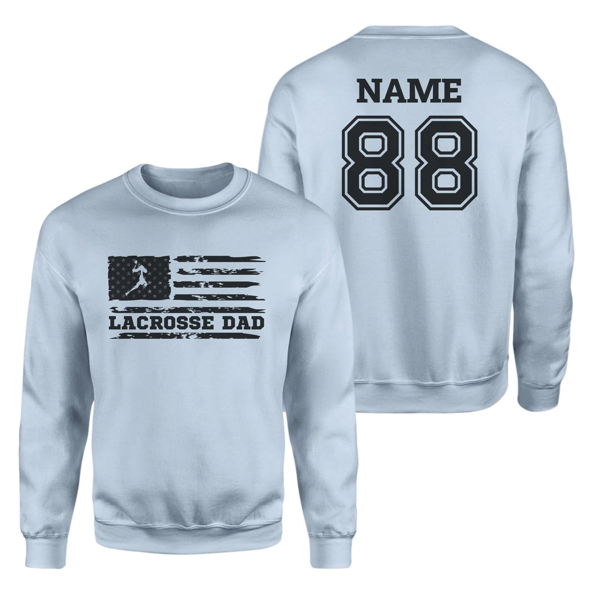 Lacrosse Dad Horizontal Flag With Lacrosse Player Name on a Sweatshirt with a Black Graphic