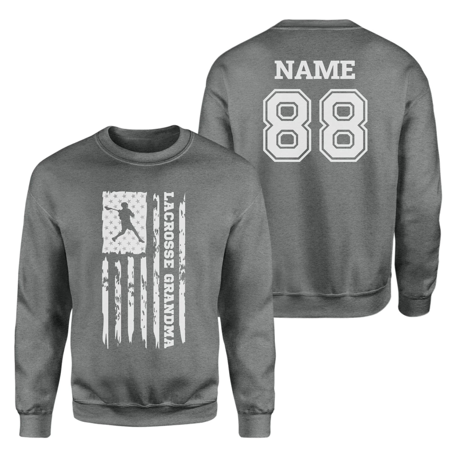 Lacrosse Grandma Vertical Flag With Lacrosse Player Name on a Sweatshirt with a White Graphic