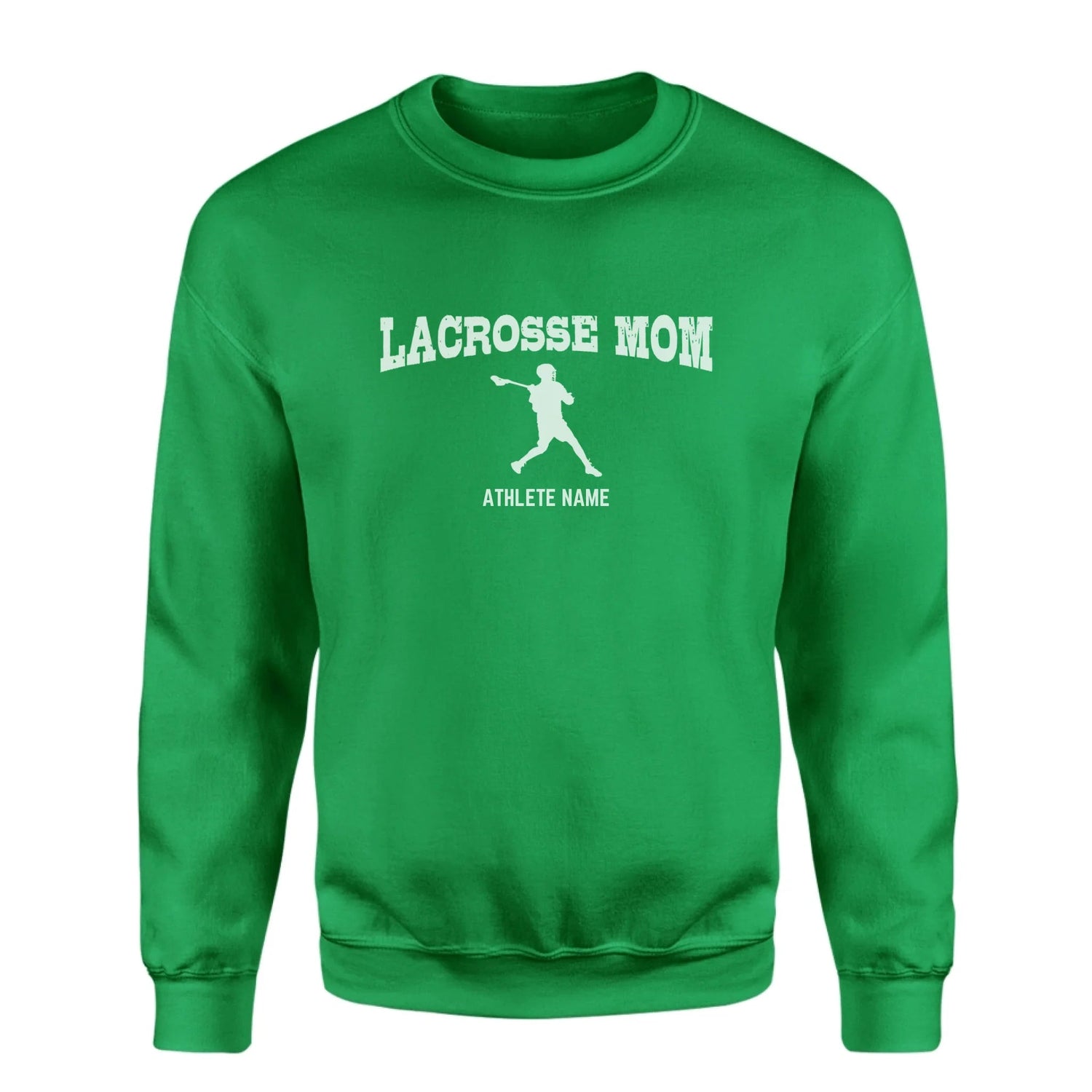 Lacrosse Mom with Lacrosse Player Icon and Lacrosse Player Name on a Sweatshirt with a White Graphic