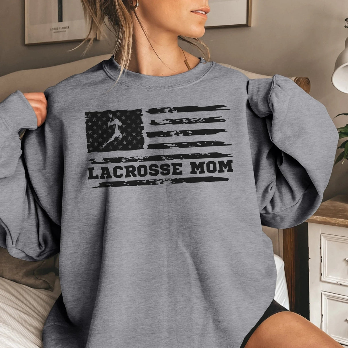 Lacrosse Mom Horizontal Flag on a Sweatshirt with a Black Graphic