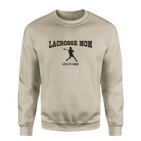 Lacrosse Mom with Lacrosse Player Icon and Lacrosse Player Name on a Sweatshirt with a Black Graphic