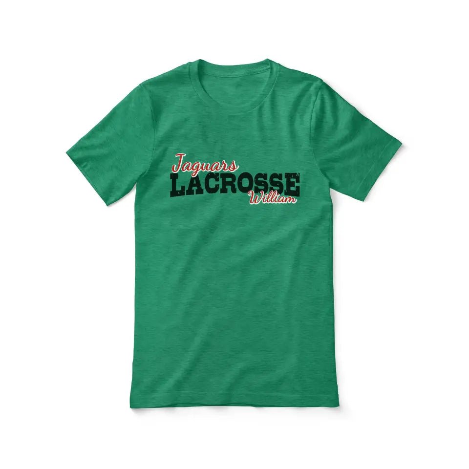 Custom Lacrosse Mascot and Lacrosse Player Name on a Unisex T-Shirt with a Black Graphic