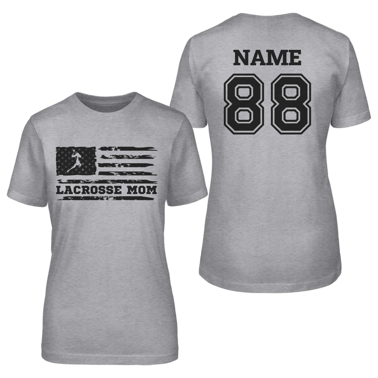 Lacrosse Mom Horizontal Flag With Lacrosse Player Name on a Unisex T-Shirt with a Black Graphic