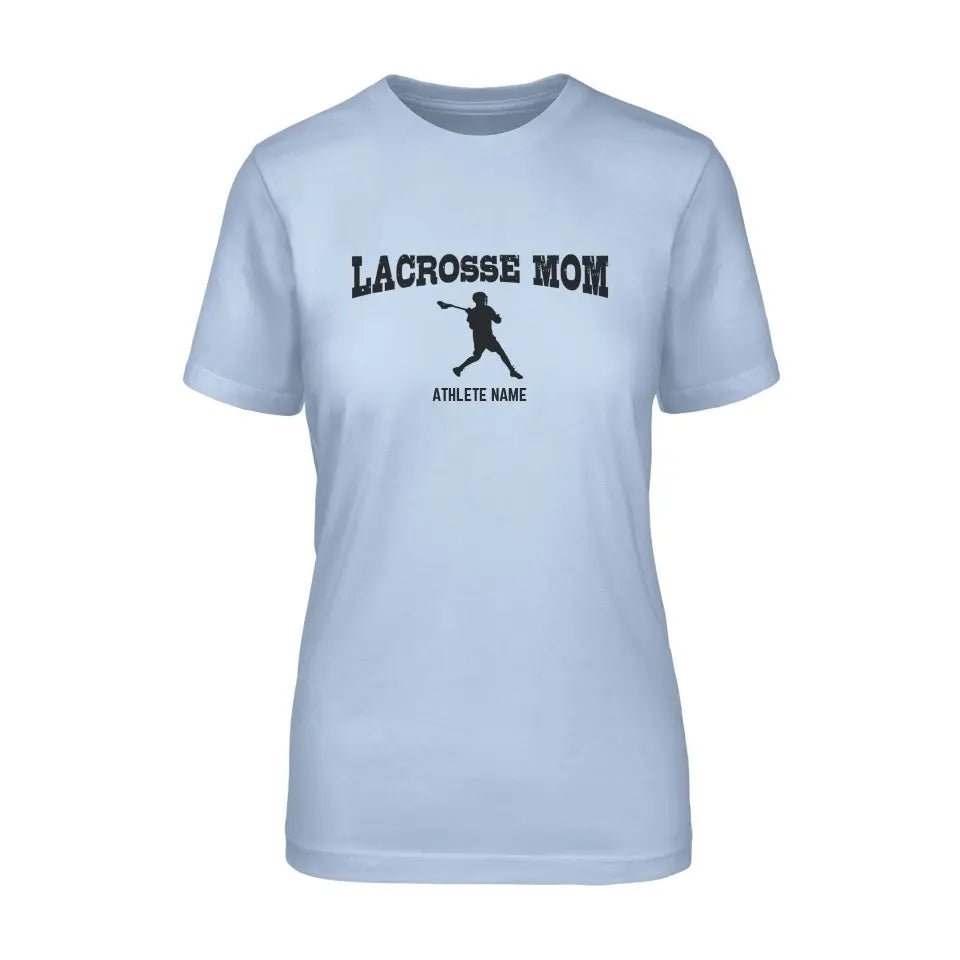 Lacrosse Mom with Lacrosse Player Icon and Lacrosse Player Name on a Unisex T-Shirt with a Black Graphic