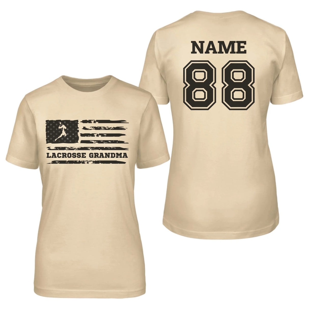 Lacrosse Grandma Horizontal Flag With Lacrosse Player Name on a Unisex T-Shirt with a Black Graphic