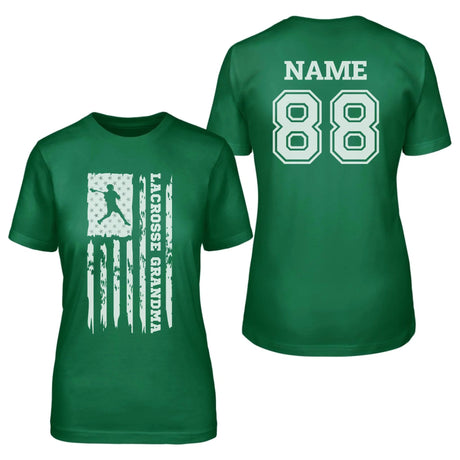 Lacrosse Grandma Vertical Flag With Lacrosse Player Name on a Unisex T-Shirt with a White Graphic