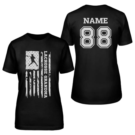Lacrosse Grandma Vertical Flag With Lacrosse Player Name on a Unisex T-Shirt with a White Graphic