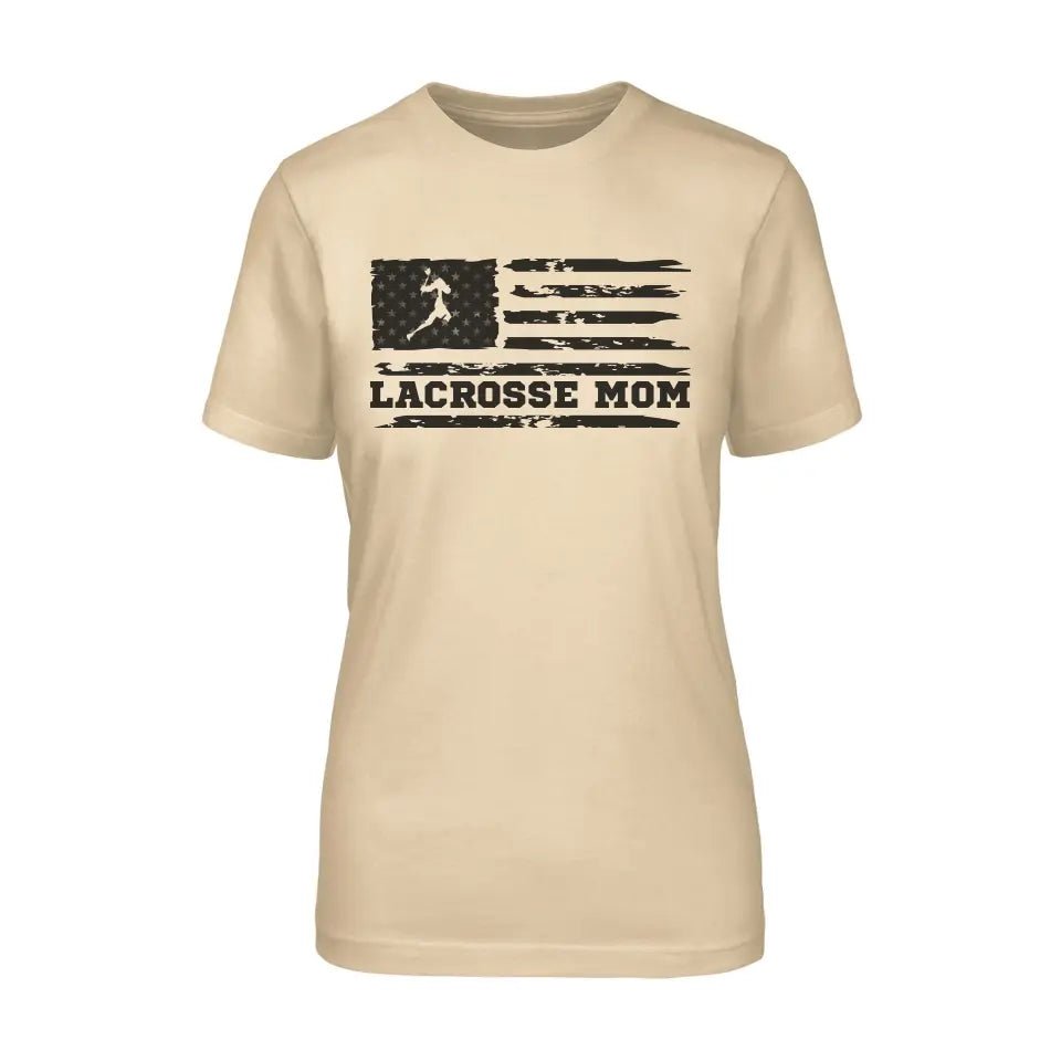 Lacrosse Mom Horizontal Flag on a Unisex T-Shirt with a Black Graphic