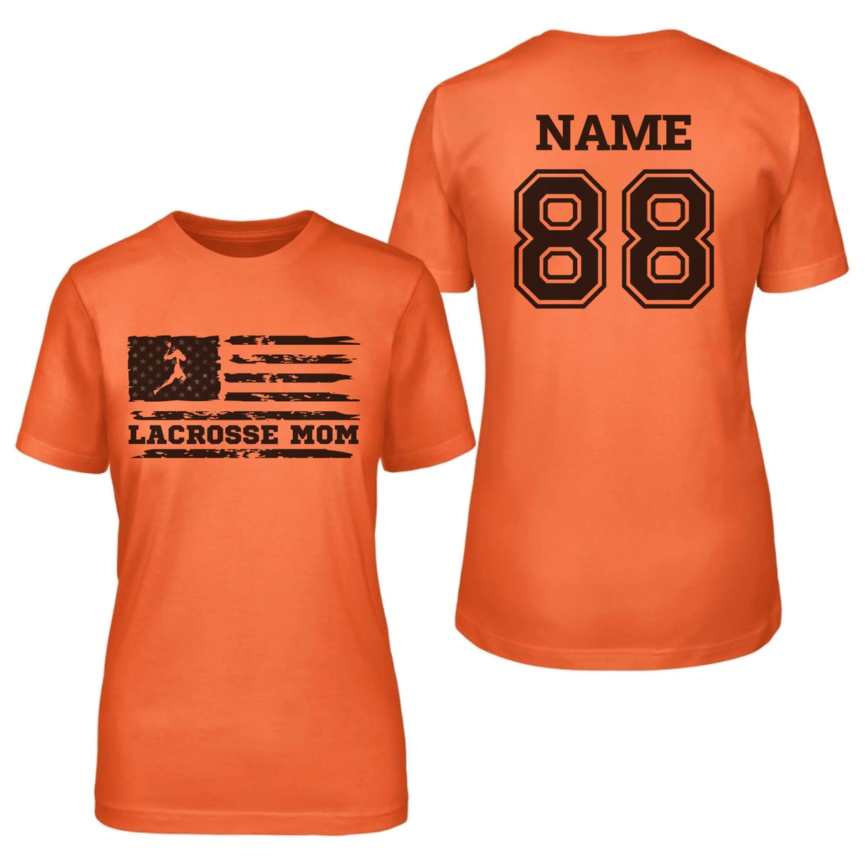 Lacrosse Mom Horizontal Flag With Lacrosse Player Name on a Unisex T-Shirt with a Black Graphic