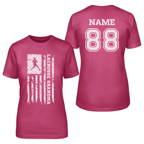 Lacrosse Grandma Vertical Flag With Lacrosse Player Name on a Unisex T-Shirt with a White Graphic