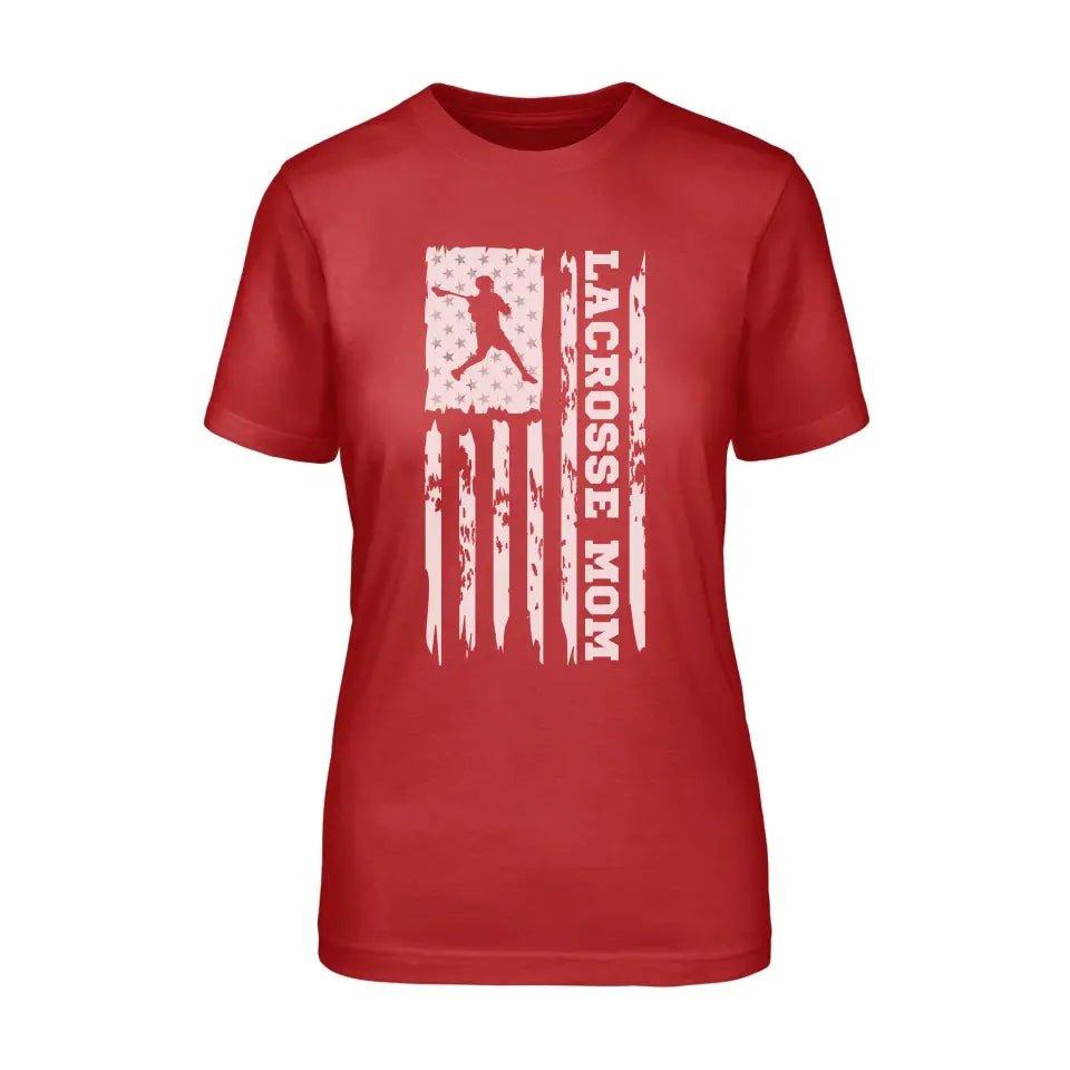Lacrosse Mom Vertical Flag on a Unisex T-Shirt with a White Graphic